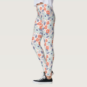Leggings Patrón de flores moderadas naranja y azul