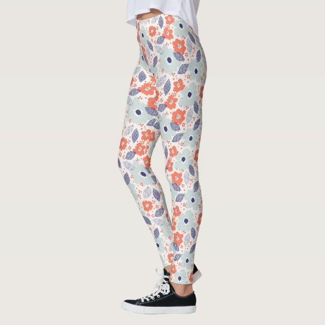 Leggings Patrón de flores moderadas naranja y azul (Izquierda)