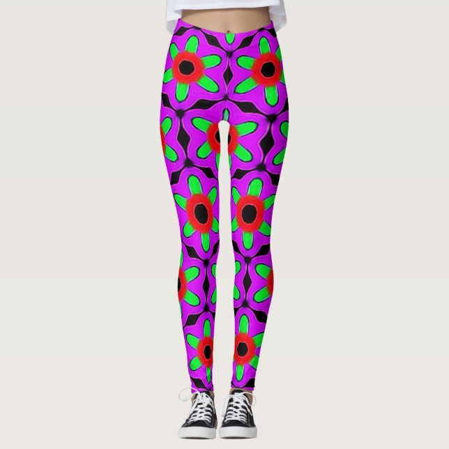 Leggings Patrón de flores moradas rojas y verdes (Anverso)