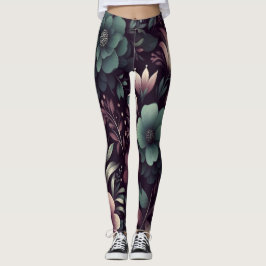Leggings Patrón de flores moradas y verdes oscuras