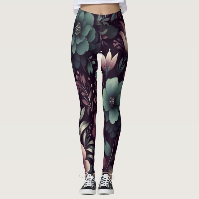 Leggings Patrón de flores moradas y verdes oscuras (Anverso)