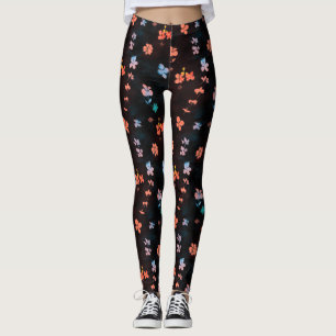 Leggings Patrón de flores negro simple