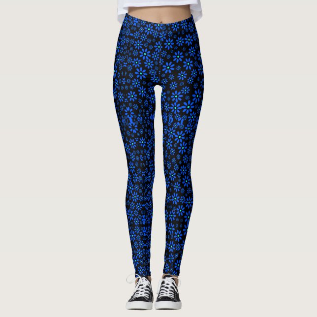 Leggings Patrón de flores pequeñas.Azul 01.b Negro BG (Anverso)