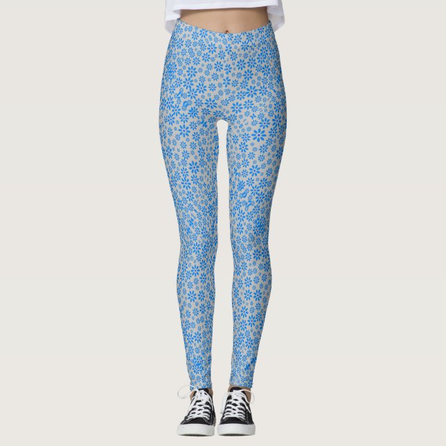 Leggings Patrón de flores pequeñas.Azul 02.b LGrey BG (Anverso)