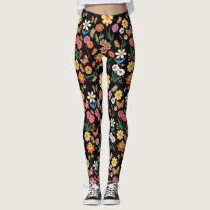 Leggings Patrón de flores psicodélicas x4 fondo negro