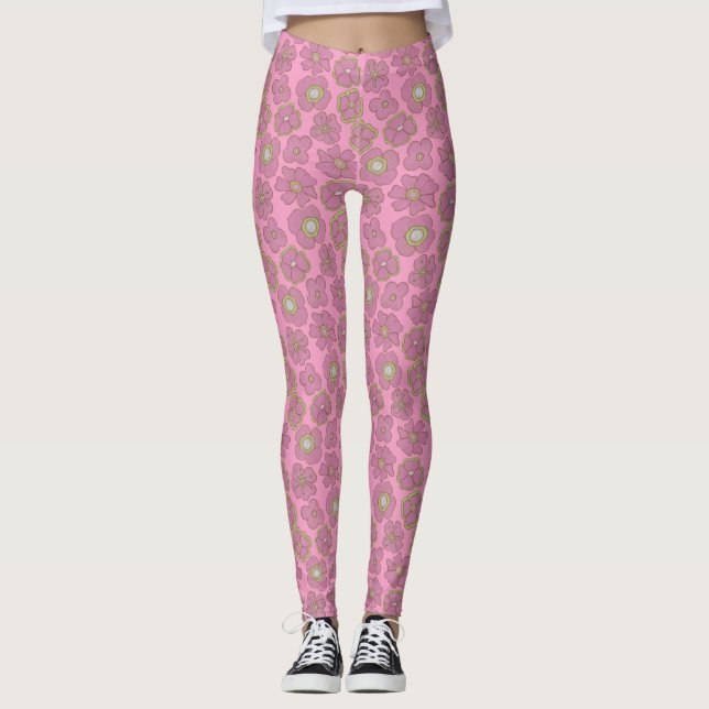 Leggings Patrón de flores retro rosadas (Anverso)