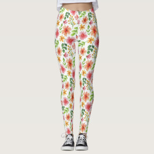 Leggings Patrón de flores rosadas acuarela
