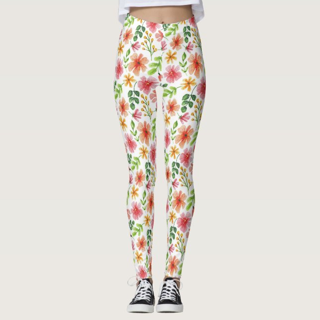 Leggings Patrón de flores rosadas acuarela (Anverso)