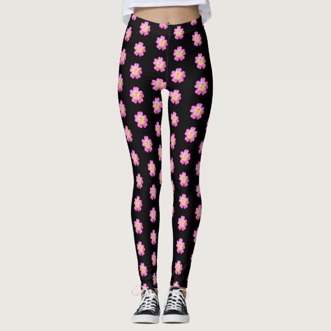 Leggings Patrón de flores rosadas en las piernas negras (Anverso)