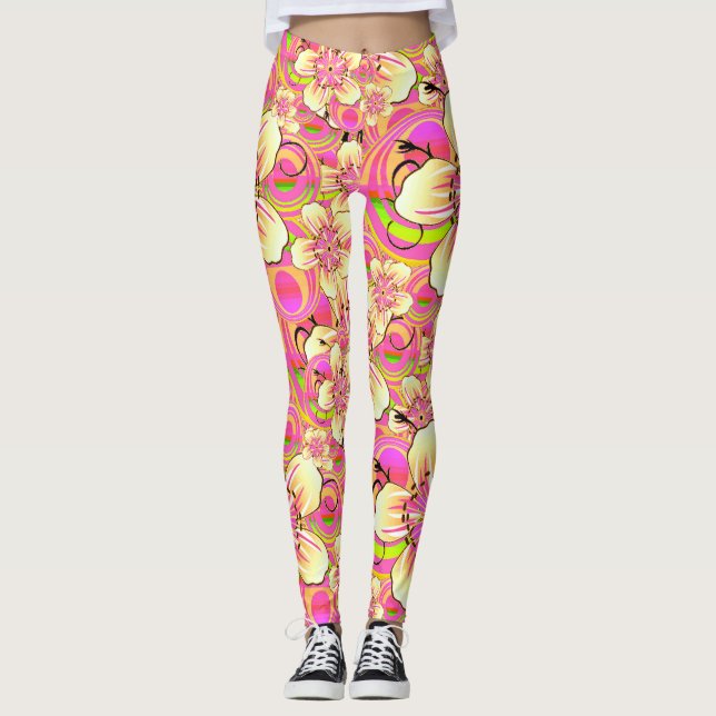 Leggings patrón de flores rosadas groovy (Anverso)
