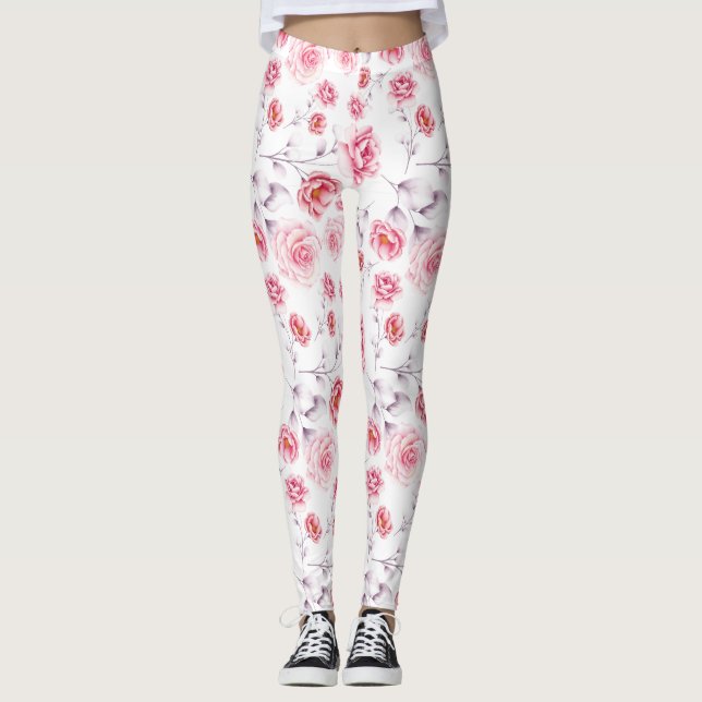 Leggings Patrón de flores rosadas sobre las piernas blancas (Anverso)