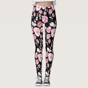 Leggings Patrón de flores rosadas sobre negro