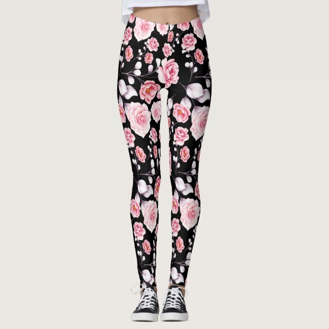 Leggings Patrón de flores rosadas sobre negro (Anverso)