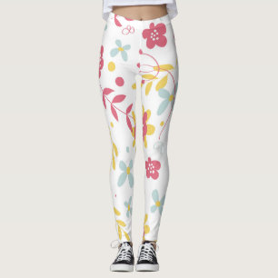 Leggings Patrón de flores rosas, doradas y azules claras