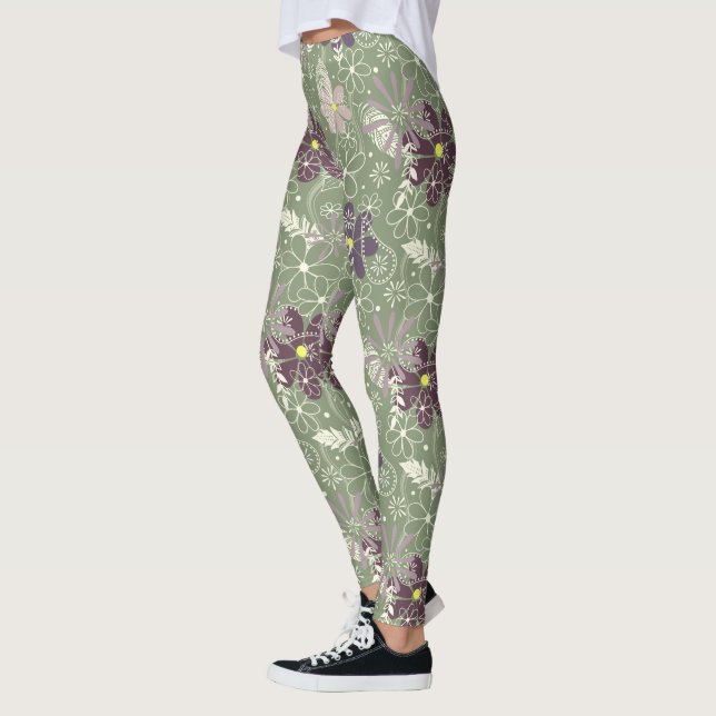 Leggings patrón de flores sage púrpura plum lilac (Izquierda)