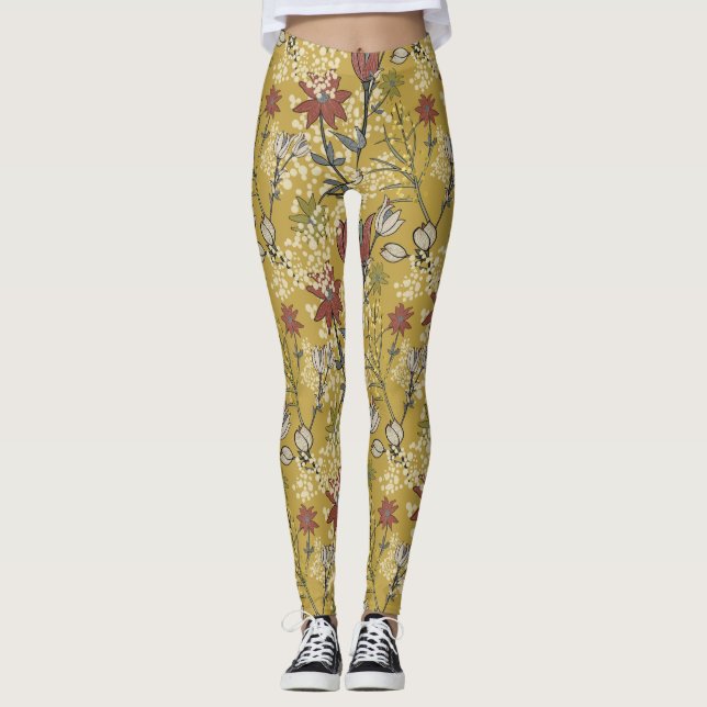Leggings Patrón de flores silvestres amarillas y rojas  (Anverso)