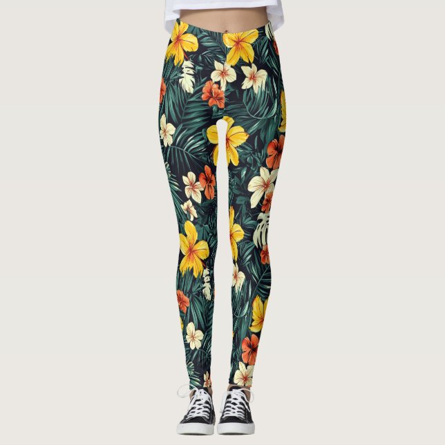Leggings Patrón de flores tropicales amarillas (Anverso)