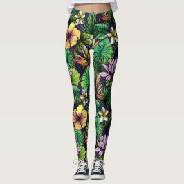 Leggings Patrón de flores tropicales amarillo rosado negro