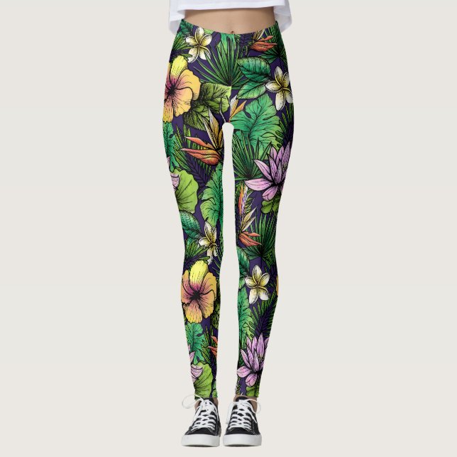 Leggings Patrón de flores tropicales amarillo rosado negro (Anverso)
