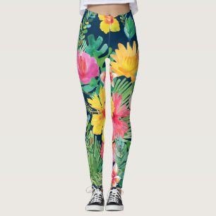 Leggings Patrón de flores tropicales oscuras-azules y color