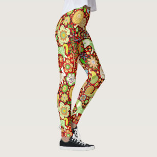 Leggings Patrón de flores y animales de color retro