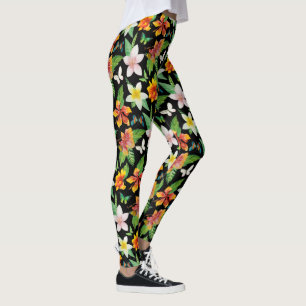 Leggings Patrón de flores y mariposas tropicales