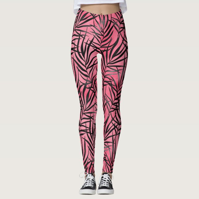 Leggings Patrón de follaje negro rosado moderno Yoga elegan (Anverso)