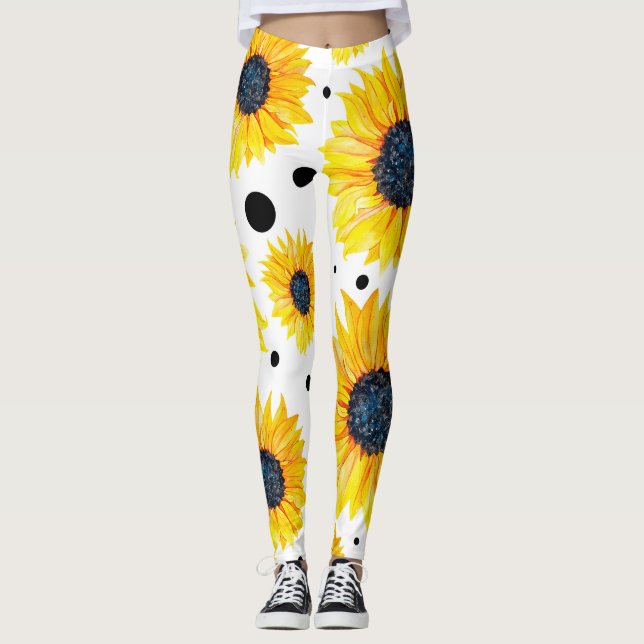 Leggings Patrón de fondo blanco de girasoles amarillos (Anverso)