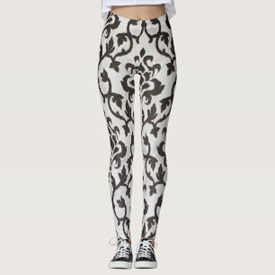 Leggings Patrón de fondo mural de damasco clásico negro