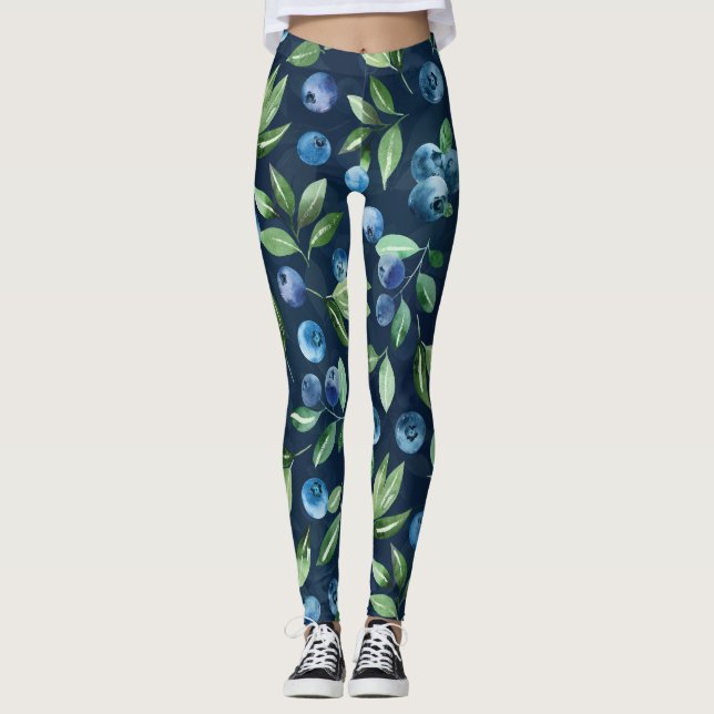 Leggings Patrón de fondo oscuro de arándano azul acuático (Anverso)