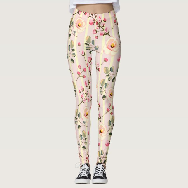 Leggings Patrón de franja floral rosa suave (Anverso)