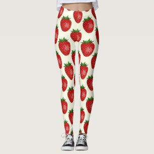 Leggings Patrón de Fresa, Fresas Rojas, Fruta, Hoja