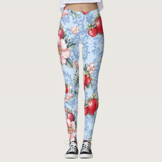 Leggings Patrón de fresas y flores vintage (Anverso)