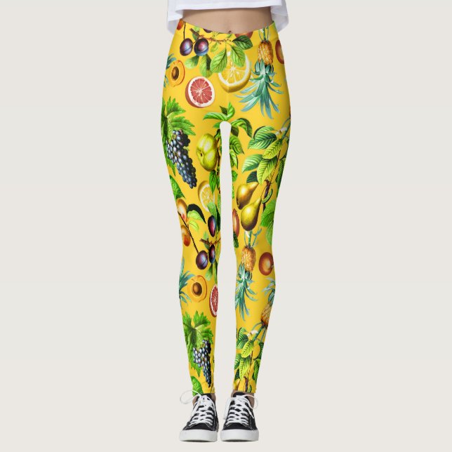 Leggings Patrón de Frutas Sobre Fondo Amarillo (Anverso)