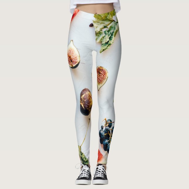 Leggings Patrón de frutas y alimentos secos y hojas (Anverso)
