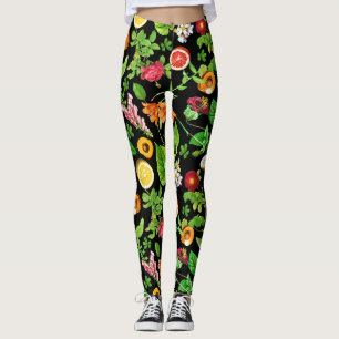 Leggings Patrón de frutas y hojas sobre negro