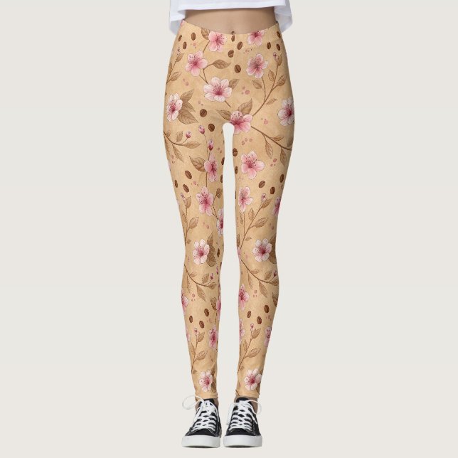 Leggings Patrón de funda de café Flor de Cerezo (5) (Anverso)