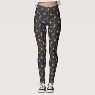 Leggings Patrón de galaxia luna sol celestial negro dorado