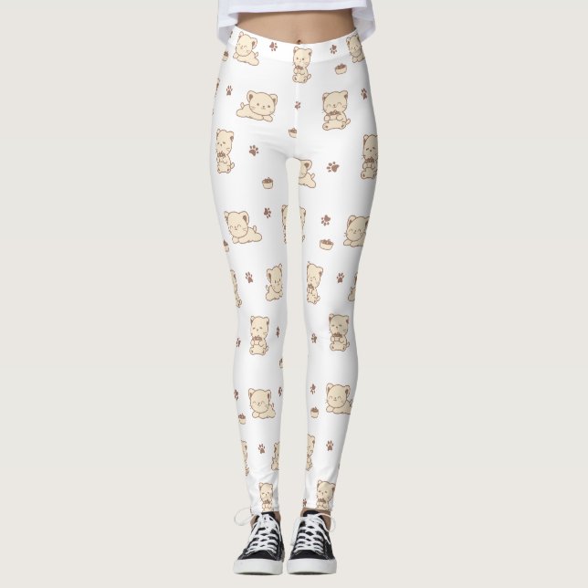 Leggings Patrón de gato beige lindo (2) (Anverso)