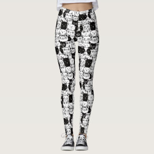 Leggings Patrón De Gato Blanco Y Negro Cortado De Kawaii