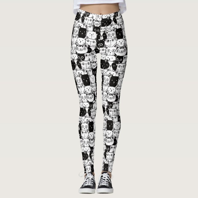 Leggings Patrón De Gato Blanco Y Negro Cortado De Kawaii (Anverso)