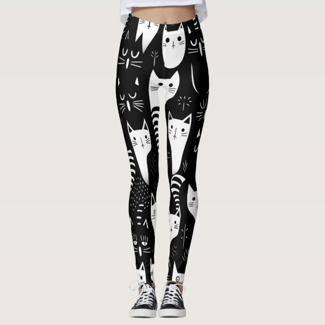Leggings Patrón de gato Minimalista negro y blanco (Anverso)