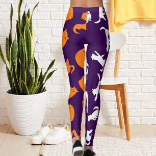 Leggings Patrón de gato Naranja púrpura blanco fotográfico 