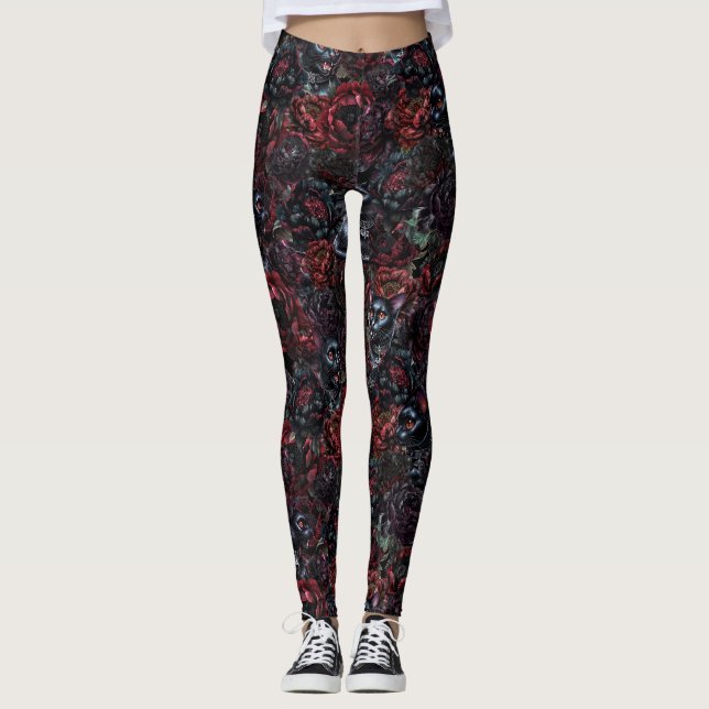 Leggings Patrón de gato negro gótico y flores oscuras (Anverso)