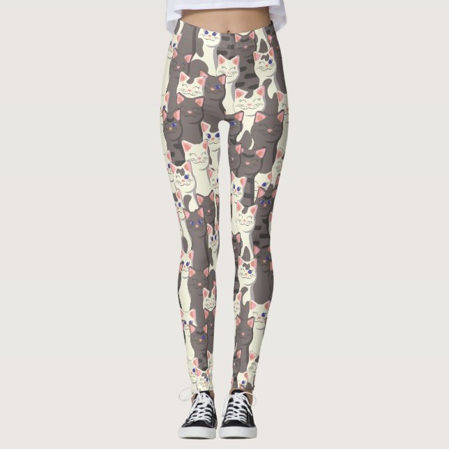 Leggings Patrón de gatos blancos y grises (Anverso)