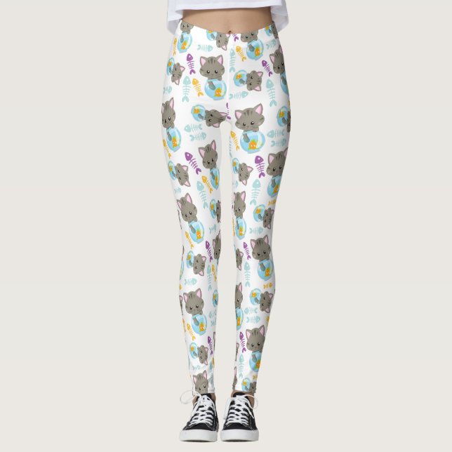 Leggings Patrón de gatos, gatos, gatitos, peces (Anverso)