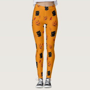 Leggings Patrón De Gatos Y Calabazas Negros De Halloween