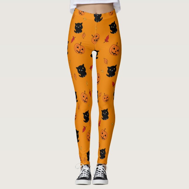 Leggings Patrón De Gatos Y Calabazas Negros De Halloween (Anverso)