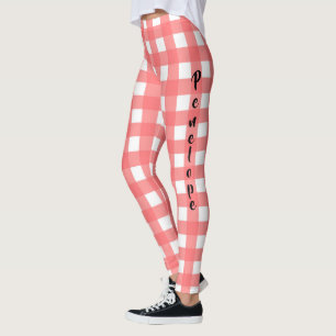 Leggings Patrón de Gingham de color rosa coral con nombre