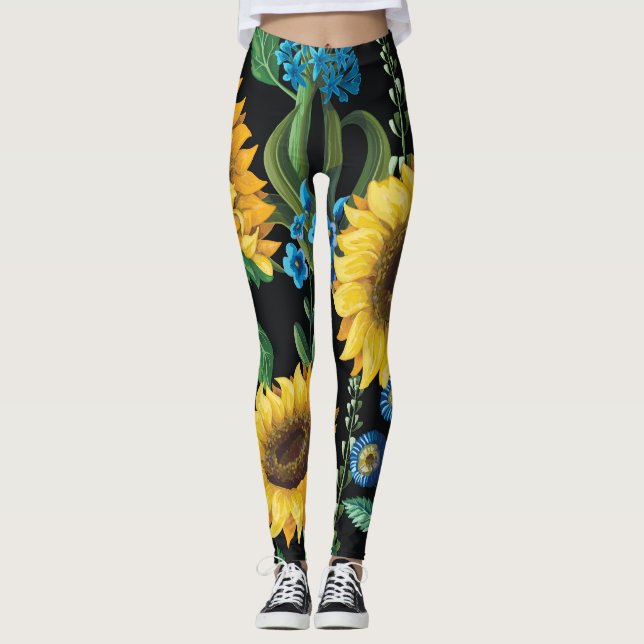 Leggings Patrón de girasol de fondo negro (Anverso)